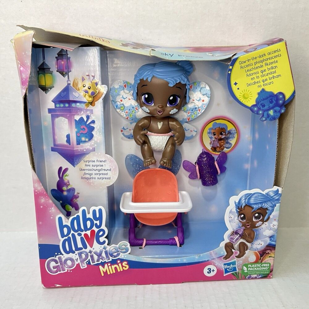 Baby Alive Glo Pixies Minis SKY BREEZE Blue Hair High Chair Ages 3+ NEW Box Wear